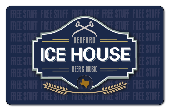 Bedford Ice House blue logo on a background of repeating text "free stuff" in dark blue